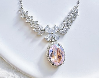 Princess Pink Bow Necklace, Silver Plated Swarovski Crystal Necklace, Dreamy Bridal Wedding Jewelry, Coquette Fairycore Princesscore Angelic