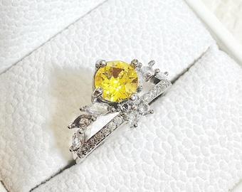 Yellow Zircon Diamond Ring, Canary Yellow Radiant Swarovski Crystal Ring, Handmade Silver Boho Statement Ring, Delicate Sparkling Jewelry