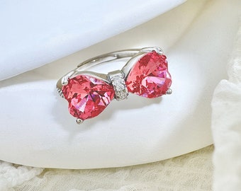 Pink Bow Ring Cute Pink Crystal Ribbon Bow Ring, White Gold