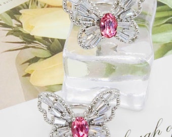 Pink Butterfly Ear Cuff, Dainty Silver Cuff Earrings, No Piercing Cartilage Cuff, Swarovski Crystal Butterfly Earrings, Minimalist Jewelry