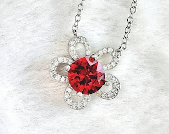 Ruby Red Flower Necklace, Blood Red Swarovski Crystal Flower Pendant, Sparkly Zircon Diamond Floral Necklace, Romantic Love Valentine Gift
