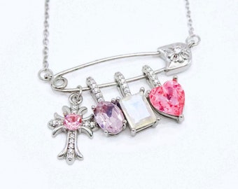 Y2K Cross Charm Necklace, Stainless Steel Safety Pin Necklace, Pastel Swarovski Crystal Heart Necklace, Gothic Punk Grunge Emo Indie Jewelry