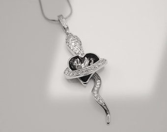 Snake Pendant Necklace Handmade, Serpent Necklace, Swarovski Black Heart Necklace, Animal Lover Necklace, Unisex Mystical Gothic Jewelry