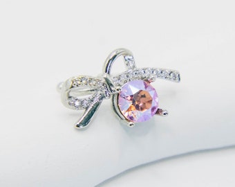 Pink Swarovski Crystal Ear Cuff, Dainty Bow Conch Cuff Earring, Cute Ribbon Earring, Coquette Aesthetic Earrings, Y2K Minimalist Jewelry