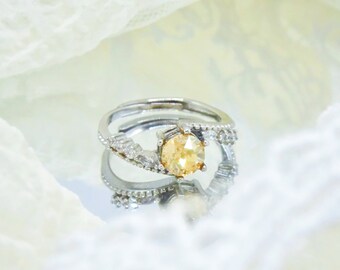 Champagne Zircon Diamond Ring, Yellow Swarovski Crystal Adjustable Ring, Champagne Gemstone Ring,Good Luck Ring Dainty Stackable Silver Ring