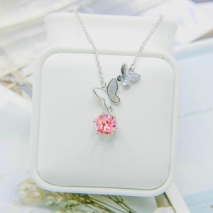 Dainty Butterfly Necklace, Fairy Pink Crystal Butterfly Pendant, Minimalist Everyday Necklace, Romantic Y2k Jewelry Birthday Gift for Her