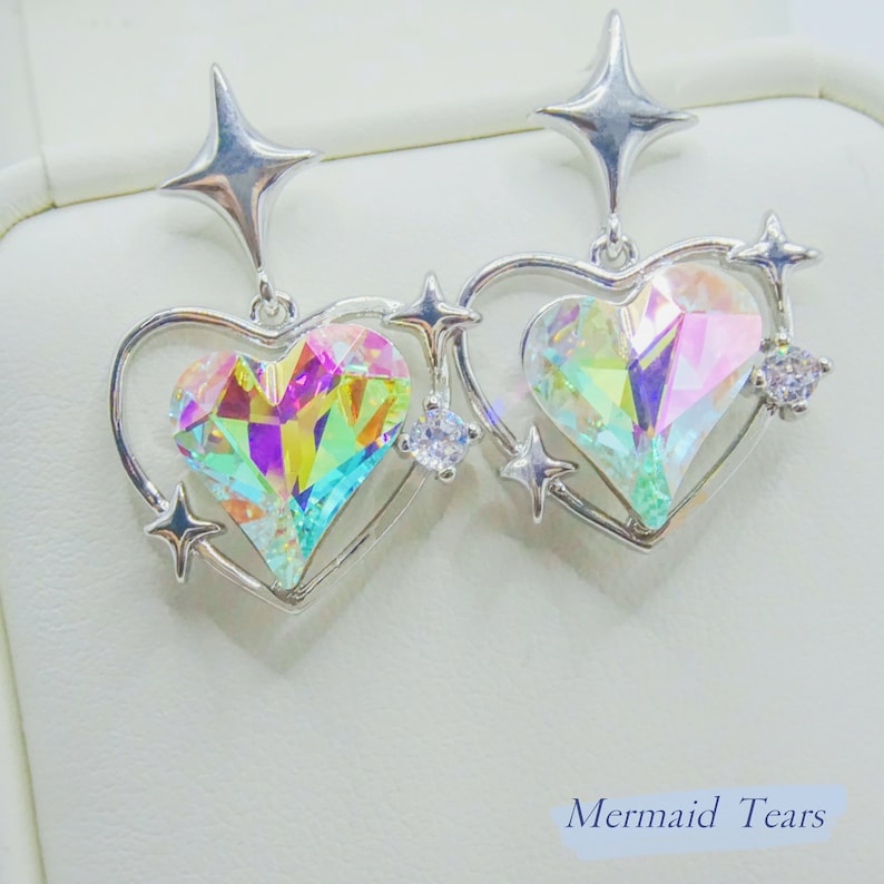 Swarovski Crystal Jewelry, Iridescent Silver Earrings on White Jewelry Box 2