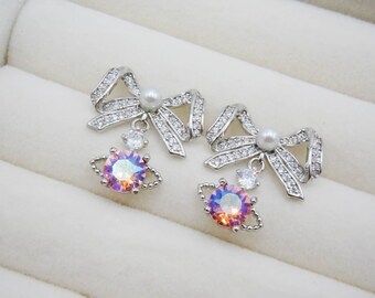 Dainty Pearl Earrings Sterling Silver Studs/Coquette Pink Ribbon Bow Earrings/Swarovski Crystal Dangle Earrings/Bridesmaid Anniversary Gift