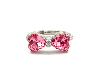 Cute Pink Crystal Ribbon Bow Ring, White Gold Silver Ribbon Ring, Pink Blue Swarovski Love Knot Ring, Kawaii Princesscore Coquette Jewelry