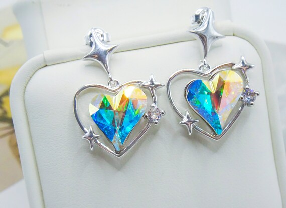 Rainbow Crystal Earrings, Iridescent Silver Dangle Earrings, Aurora Borealis Swarovski Crystal Heart Earrings, Mermaid Coquette Y2K Jewelry