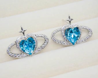 Y2K Grunge Saturn Earrings,Sapphire Swarovski Crystal Heart Earrings,Chunky Silver Earrings,Alt Punk Edgy Goth Earrings,Holiday Gift for Her