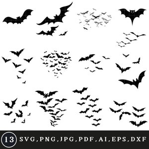 May include: A set of 13 black bat silhouettes in various poses and arrangements. The bats are in a variety of sizes and are all facing the same direction. The bats are on a white background.