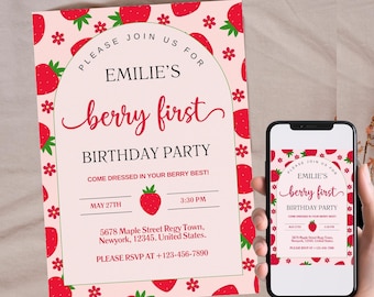 Strawberry First Birthday Invitation Template, Editable Berry Party Invite (PDF Pattern)