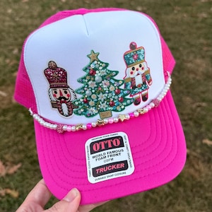 Merry Christmas Bright Pink Faux Patch Nutcracker Christmas Hat | Faux Patch Trucker Hat