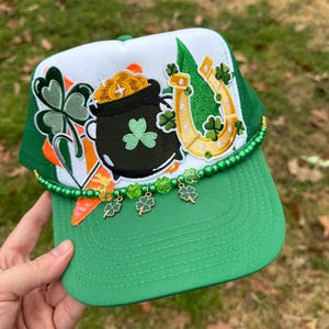 St. Patrick’s Day Pot of Gold & Shamrock Trucker Hat with Optional Beaded Hat Chain
