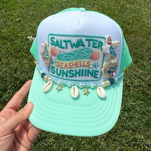 Beach Trucker Hat: Beaded Seashell Patches & "Salt Water, Seashells, Sunshine"  Faux Patch