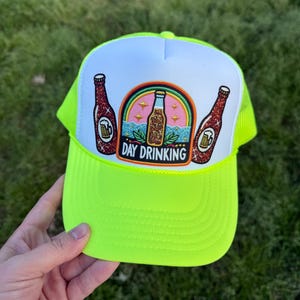 Neon Yellow &quot;Day Drinking&quot; Trucker Hat | Faux Patch | Fun Summer | Beach Party | Bachelorette Party Baseball Cap | Adjustable Snapback