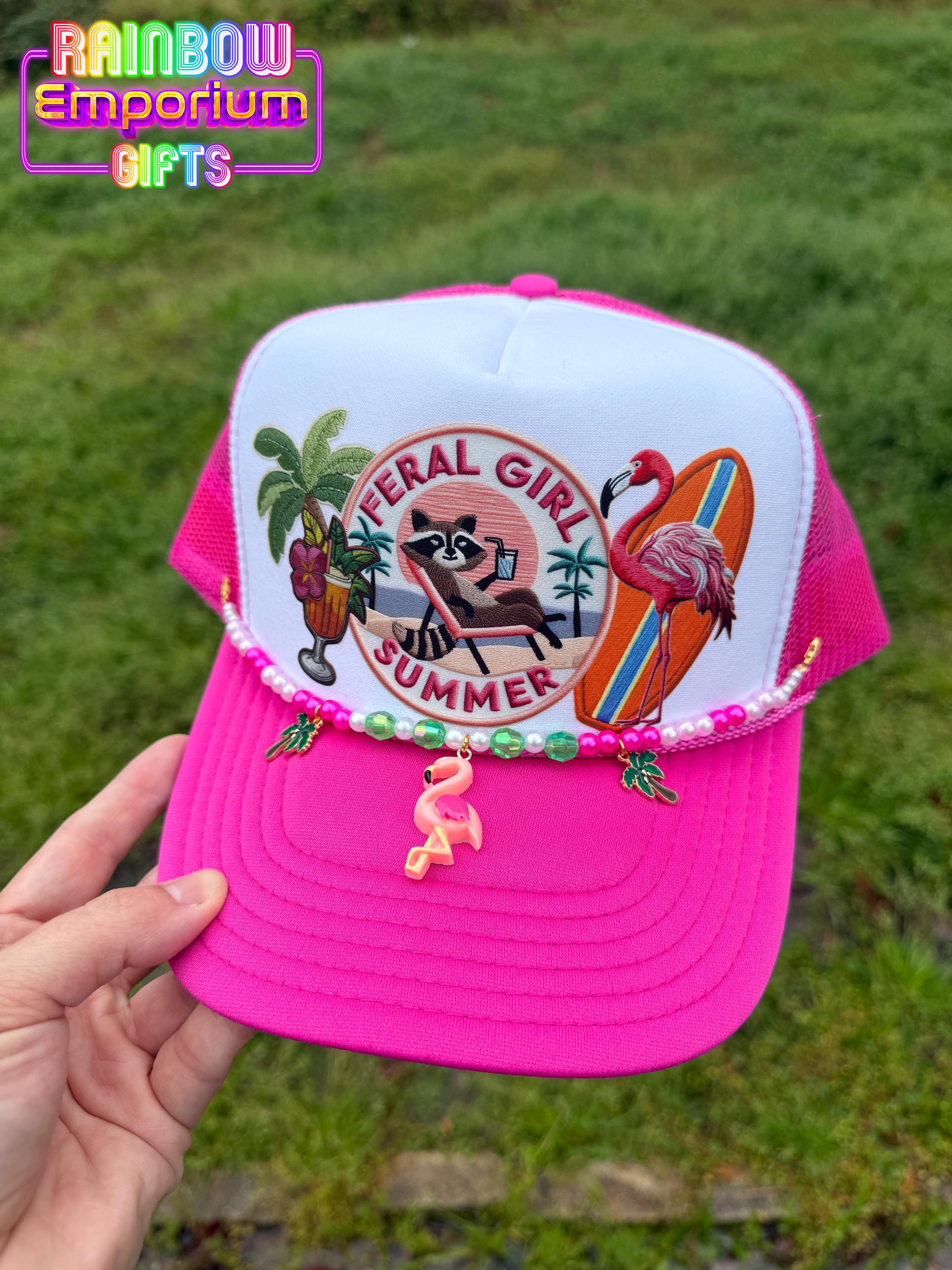 Feral Girl Summer Bright Pink Trucker Hat | Faux Patch