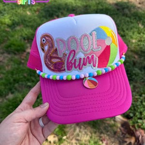 Pool Bum Beach Ball Flamingo Float Summer Trucker Hat with Optional Beaded Hat Chain