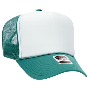 May include: A trucker hat with a white front panel, a teal green brim, and a teal green mesh back. The hat has a curved brim and a small tag on the front.