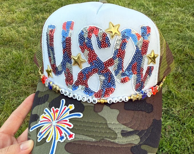 Camo USA Sequin Patch With Gold Stars Trucker Hat | Red White & Blue ...