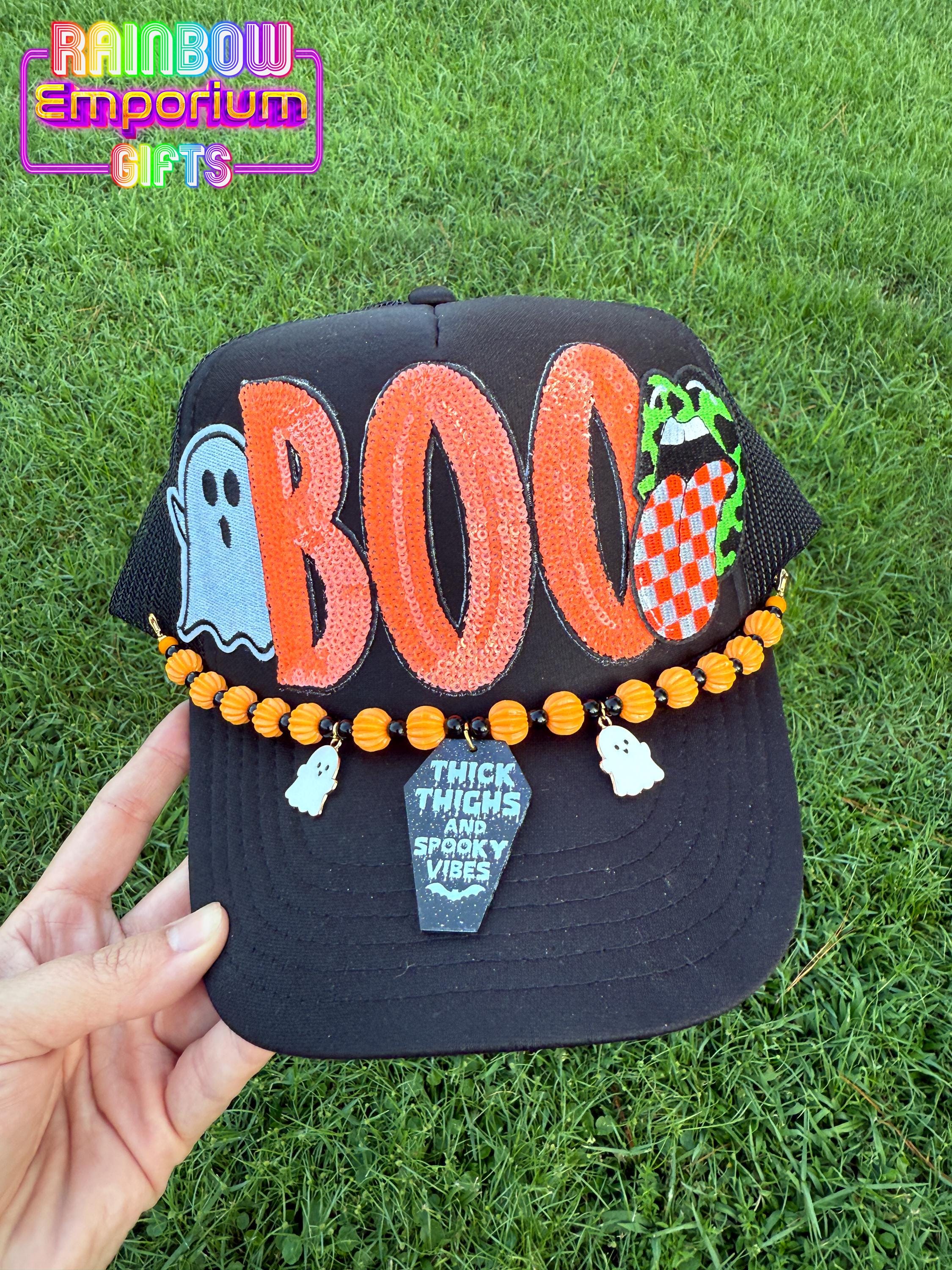 Sequin BOO Halloween Trucker Hat: Ghost Charm Beaded Chain 