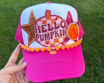 Hot Pink Trucker Hat: Glitter Pumpkin Patch, Beaded Chain Option