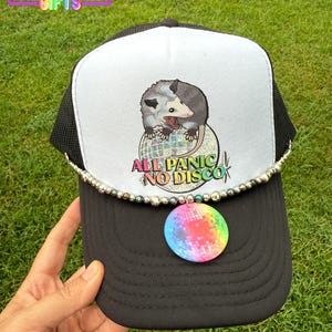Funny Possum Trucker Hat: All Panic No Disco Faux Patch, Optional Disco Ball Charm
