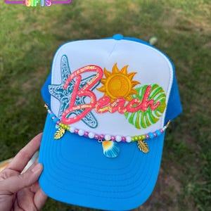 Blue and White Trucker Hat with Starfish and Nautical Patches Starfish Trucker Hat main image 4