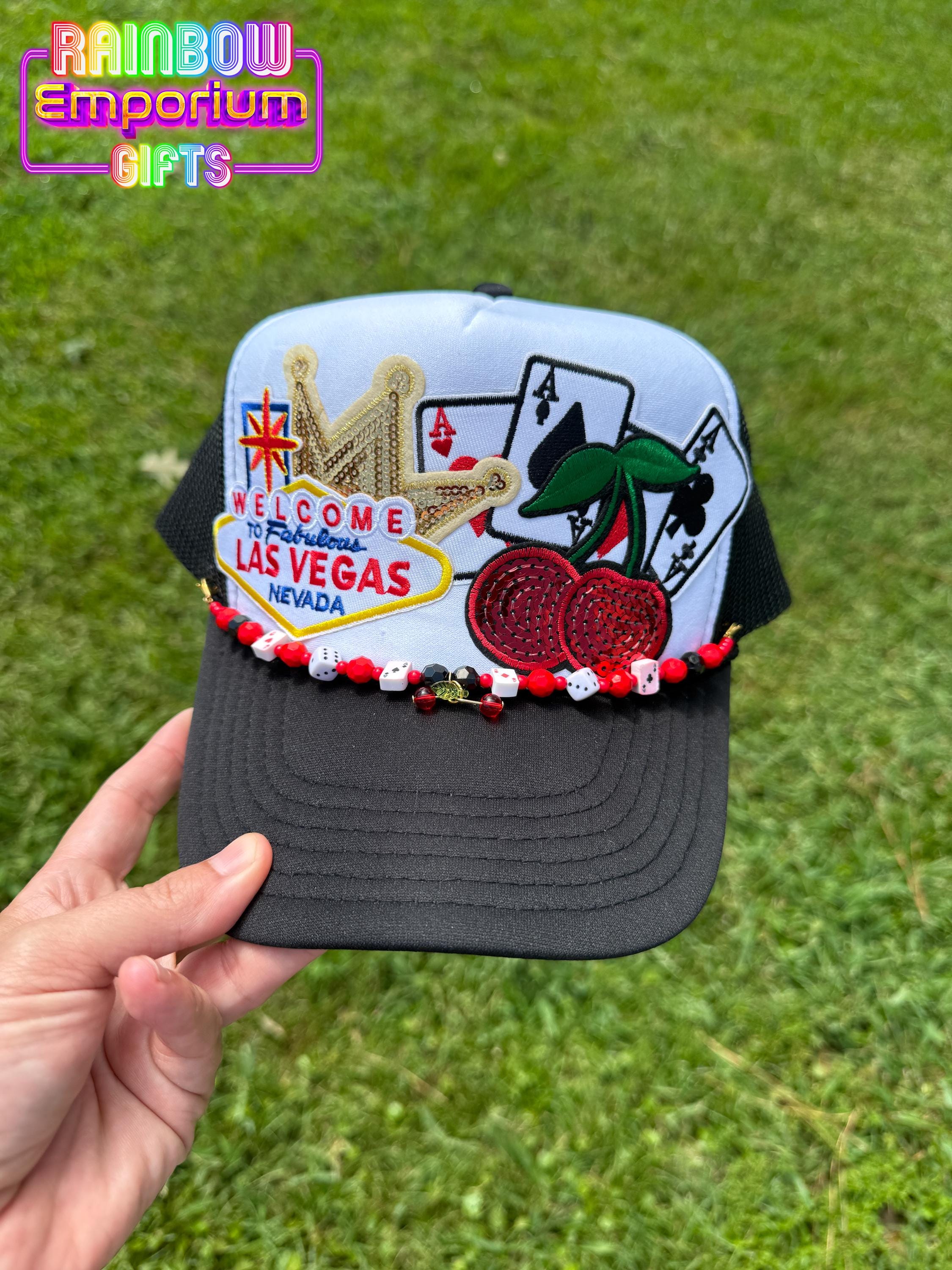 Las Vegas Trucker Hat: Cherries, Aces & Vegas Sign Patches 
