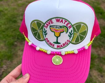 Hot Pink Margarita Faux Patch Print Trucker Hat with Chain, Cinco De Mayo Hat