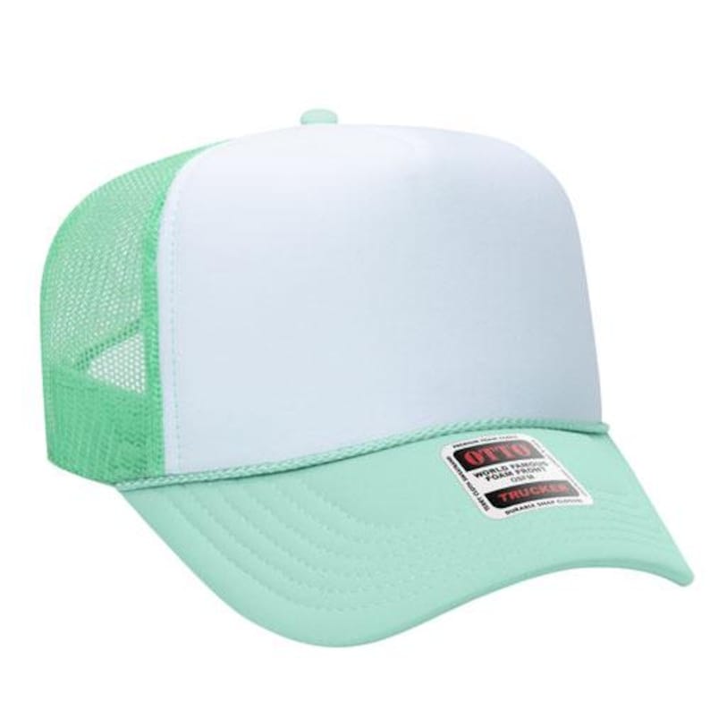 May include: A mint green and white trucker hat with a white front panel, mint green mesh back, and a curved brim. The hat has a rope detail and a tag that reads "World Famous Foam Trucker".