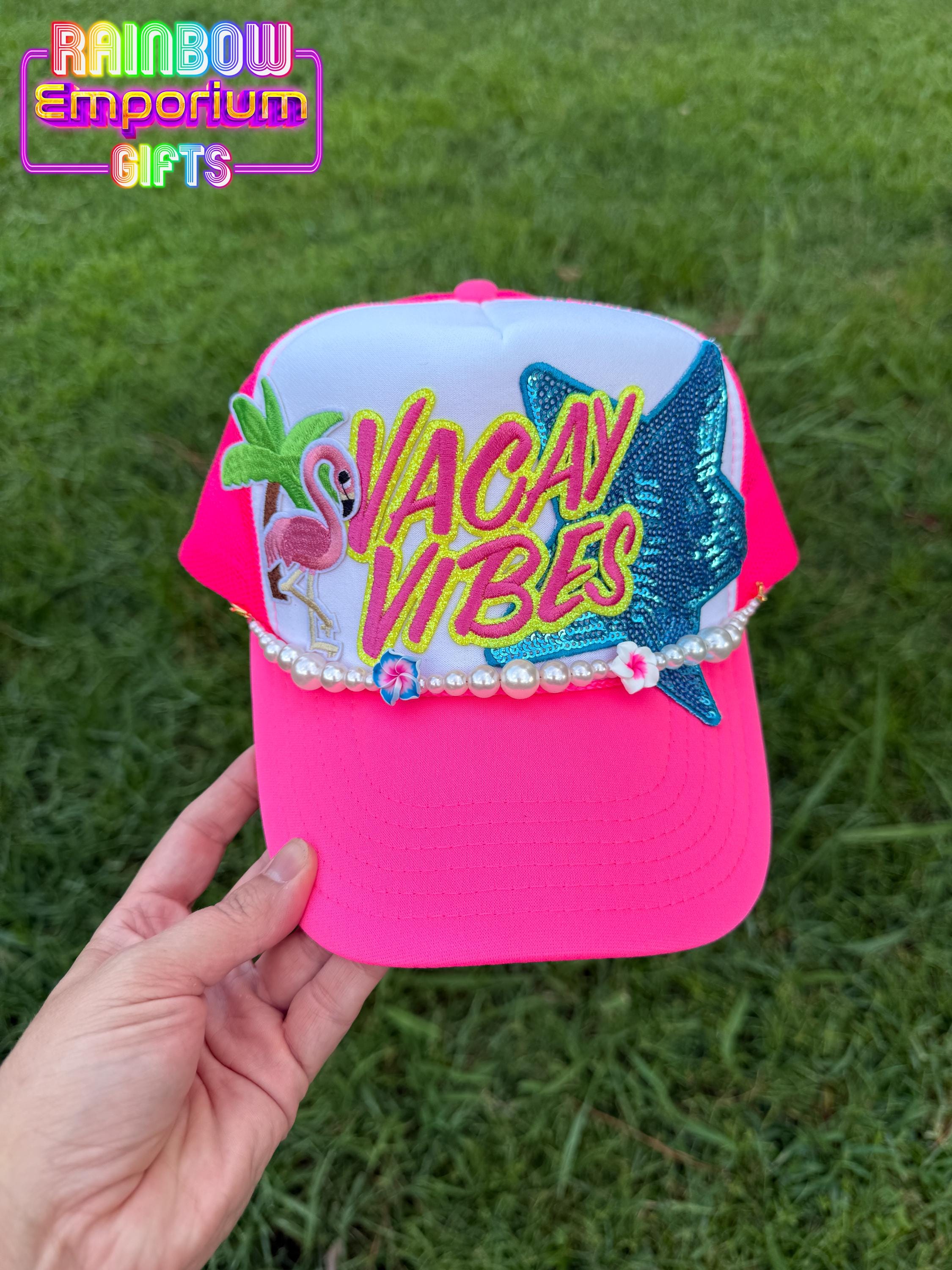 Neon Pink Vacay Vibes Trucker Hat: Tropical Flower & Bead  display picture 2
