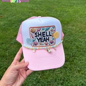 Shell Yeah Faux Patch Trucker Hat: Glitter Seashell Patches, Light Pink Beach Cap