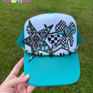 Checkered Bow Cow Skull Trucker Hat: Western Glam Rodeo Cap