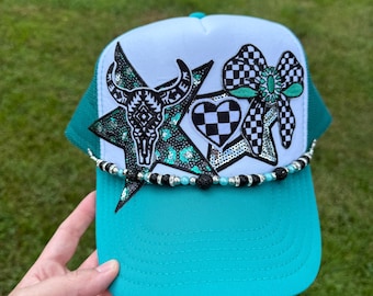 Checkered Bow Cow Skull Trucker Hat: Western Glam Rodeo Cap
