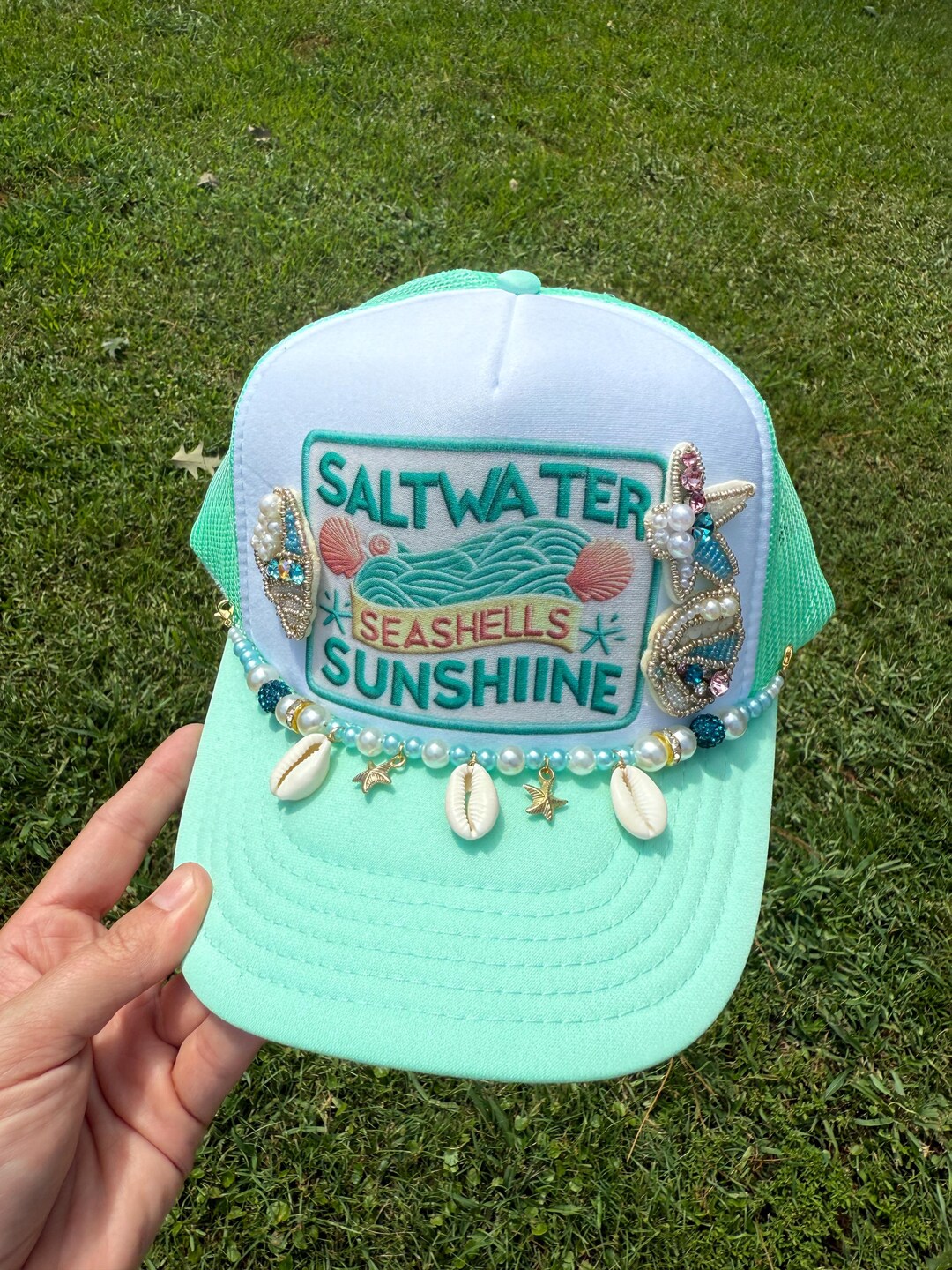 Beach Trucker Hat: Beaded Seashell Patches & 