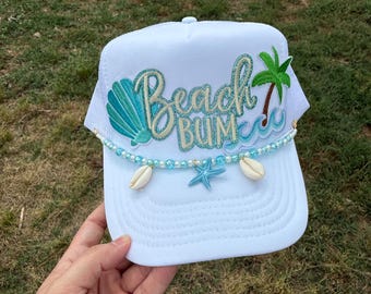 Beach Bum Trucker Hat: Seashell Beaded Chain & Starfish Charm