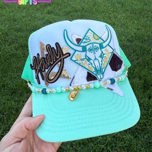 Mint Green Trucker Hat: Western Skull, Sequin Howdy Patch, Optional Beaded Chain