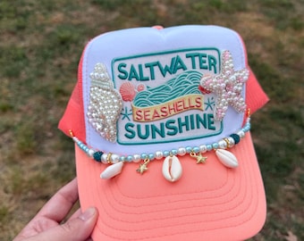 Beach Trucker Hat: Beaded Seashell Patches & "Salt Water, Seashells, Sunshine"  Faux Patch