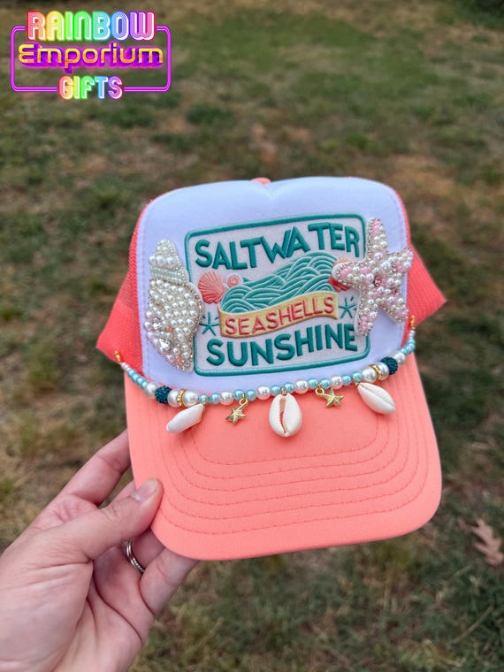 Beach Trucker Hat: Beaded Seashell Patches & "Salt Water, Seashells, Sunshine"  Faux Patch
