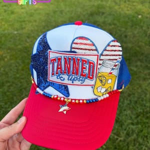 Tanned & Tipsy USA Trucker Hat | Mason Jar Patch | Sequin Stars | Hat Chain - Patriotic 4th of July Hat Beach Hat