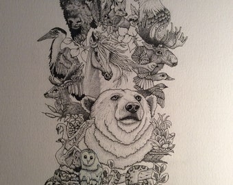 May include: A black and white pen and ink drawing of a variety of animals, including a bear, a horse, a deer, a bird, a snake, a turtle, and a snail. The animals are arranged in a circular pattern, with the bear at the center.
