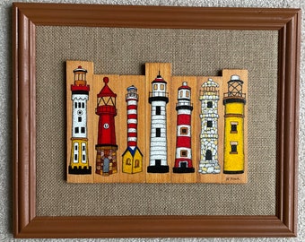 Wendell Fiock, original, painting, wood, burlap, acrylic, lighthouses, ocean, seascape