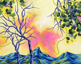 Originalmålning - 10 x 10 i abstrakt naturtema färgglad akryl på dukpanel