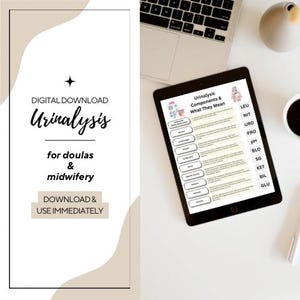 Puede incluir: Descarga digital titulada "Análisis de orina" para doulas y parteras. La imagen muestra una tableta que muestra un gráfico de los componentes del análisis de orina y su significado. También se ven una computadora portátil, una taza de café y un objeto decorativo.