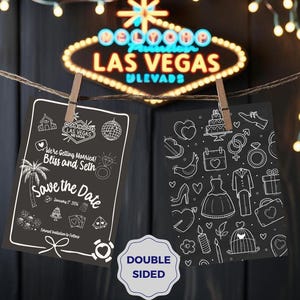 Modèle de toile "Retenez cette date pour mariage à destination" | Faire-part de fugue de Vegas Doodle | Carte fantaisiste imprimable recto-verso modifiable VEG