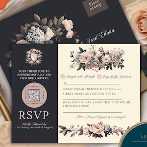 Botanisches Hochzeitseinladungs-Paket | Viktorianischer Garten R.S.V.P. | QR-Code bearbeitbare Canva-Vorlage, elegante Brautparty-Antwortpostkarte