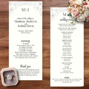 May include: A wedding ceremony programme with a floral design. The programme includes the names of the bride and groom, Madison Roberts and Joshua Davis, the date of the wedding, October 26th, 2025, and the location, Bend, Oregon. The programme also includes a list of the wedding party members and a verse from the Bible.