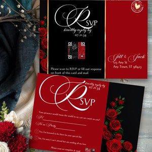 Romantyczna czerwona róża RSVP pocztówka szablon | Edytowalna Canva Wedding Rsvp Card z kodem QR | Eleganckie gotycko-szykowne artykuły piśmiennicze na ślub REDROSE